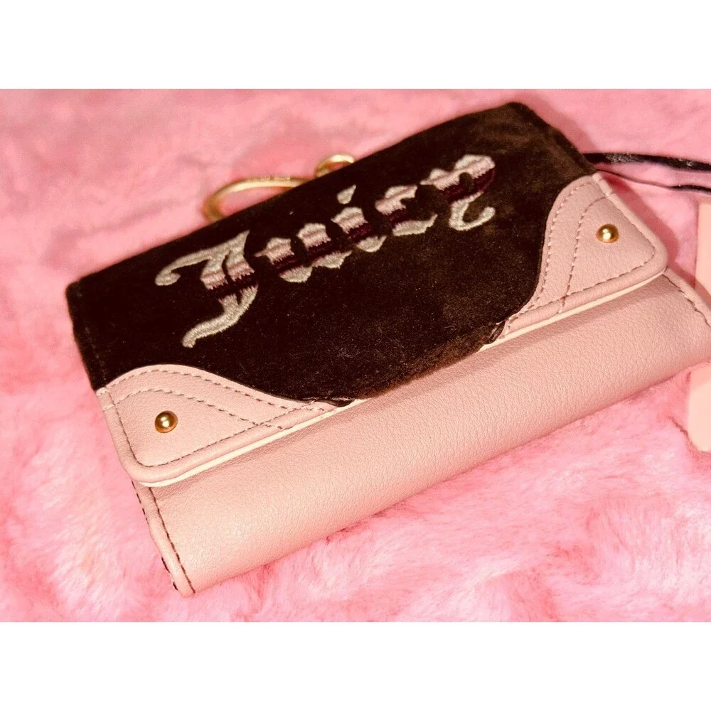 Juicy Couture Velour Brown Pink Retro Embroidered Trifold Wallet NEW
